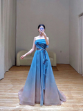 Elegant Glamour Ball Gown Strapless Blue Tulle Prom Dress Party Dress Evening Dresses HZ1214