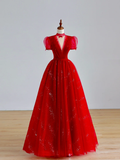 Elegant Glamour Ball Gown V Neckline Short Sleeves Red Tulle Prom Dress Party Dress Long Evening Dresses HZ1214
