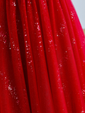 Elegant Glamour Ball Gown V Neckline Short Sleeves Red Tulle Prom Dress Party Dress Long Evening Dresses HZ1214