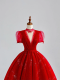 Elegant Glamour Ball Gown V Neckline Short Sleeves Red Tulle Prom Dress Party Dress Long Evening Dresses HZ1214