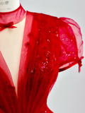 Elegant Glamour Ball Gown V Neckline Short Sleeves Red Tulle Prom Dress Party Dress Long Evening Dresses HZ1214