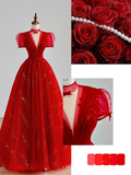 Elegant Glamour Ball Gown V Neckline Short Sleeves Red Tulle Prom Dress Party Dress Long Evening Dresses HZ1214