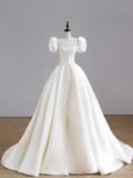 Simple Bridal Gown Ball Gown Short Sleeves Satin White Wedding Dresses Minimalist Bridal Gowns HZ1214