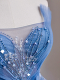 Elegant Glamour A line Strapless Blue Tulle Long Prom Dresses Party Dress Evening Dress HZ1214
