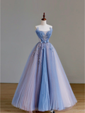 Elegant Glamour Ball Gown Strapless Blue Tulle Long Prom Dresses Party Dress Evening Dress HZ1214