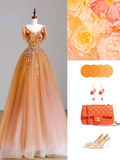 Elegant Glamour Ball Gown Strapless Orange Tulle Long Prom Dresses Party Dress Evening Dress HZ1214