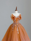 Elegant Glamour Ball Gown Scoop Orange Tulle Long Prom Dresses Party Dress Evening Dress HZ1214