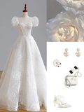 Simple Bridal Gown Ball Gown Short Sleeves Lace White Wedding Dresses Minimalist Bridal Gowns HZ1214