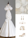 Simple Bridal Gown Mermaid Off The Shoulder Satin Short Sleeves White Wedding Dresses Minimalist Bridal Gowns HZ1214