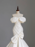 Simple Bridal Gown Mermaid Off The Shoulder Satin Short Sleeves White Wedding Dresses Minimalist Bridal Gowns HZ1214