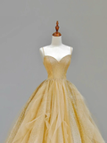 Elegant Glamour Ball Gown Spaghetti Straps Tulle Gold Long Prom Dress Party Dress Evening Dresses HZ1214