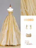 Elegant Glamour Ball Gown Spaghetti Straps Tulle Gold Long Prom Dress Party Dress Evening Dresses HZ1214