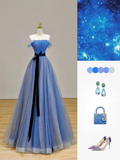 Elegant Glamour Ball Gown Strapless Blue Tulle Prom Dress Party Dress Long Evening Dresses HZ1214