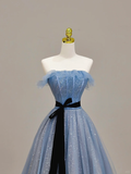 Elegant Glamour Ball Gown Strapless Blue Tulle Prom Dress Party Dress Long Evening Dresses HZ1214