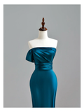 Elegant Glamour Mermaid Strapless Blue Satin Prom Dress Party Dress Long Evening Dresses HZ1214