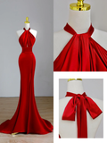Elegant Glamour Mermaid Halter Red Satin Prom Dress Party Dress Long Evening Dresses HZ1214