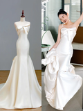 Ethereal Wedding Dress Mermaid Strapless Satin White Wedding Dresses Bridal Gowns HZ1214