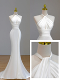 Simple Bridal Gown Mermaid Halter Satin Sleeveless White Wedding Dresses Minimalist Bridal Gowns HZ1214