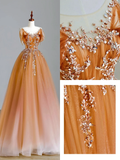 Elegant Glamour Ball Gown Scoop Orange Tulle Long Prom Dresses Party Dress Evening Dress HZ1214