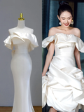 Ethereal Wedding Dress Mermaid Off The Shoulder Satin White Wedding Dresses Bridal Gowns HZ1214