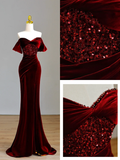 Elegant Glamour Mermaid Off The Shoulder Burgundy Velvet Long Prom Dresses Party Dress Evening Dress HZ1214