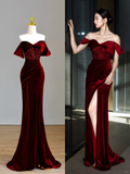 Elegant Glamour Mermaid Off The Shoulder Burgundy Velvet Long Prom Dresses Party Dress Evening Dress HZ1214