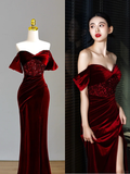 Elegant Glamour Mermaid Off The Shoulder Burgundy Velvet Long Prom Dresses Party Dress Evening Dress HZ1214