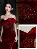 Elegant Glamour Mermaid Off The Shoulder Burgundy Velvet Long Prom Dresses Party Dress Evening Dress HZ1214