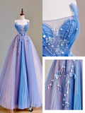 Elegant Glamour Ball Gown Strapless Blue Tulle Long Prom Dresses Party Dress Evening Dress HZ1214
