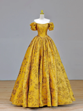Elegant Glamour Ball Gown Off The Shoulder Yellow Satin Long Prom Dresses Party Dress Evening Dress HZ1214