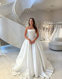 Classic Brides Dress Ball Gown Strapless Satin White Wedding Dresses Minimalist Bridal Gowns HZ1214
