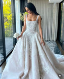Pretty Wedding Dress Ball Gown Square Neck Lace White Wedding Dresses Bridal Gowns HZ1214