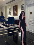 Elegant Glamour Mermaid V Neck Black Backless Long Prom Dress Party Dress Evening Dresses HZ1214