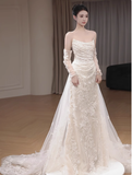 Classic Bridal Gown Sheath Strapless Long Sleeves Lace White Wedding Dresses Minimalist Bridal Gowns HZ1214