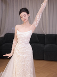 Classic Bridal Gown Sheath Strapless Long Sleeves Lace White Wedding Dresses Minimalist Bridal Gowns HZ1214