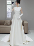 Classic Bridal Gown A line Scoop Satin White Wedding Dresses Minimalist Bridal Gowns HZ1214