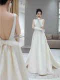 Classic Bridal Gown A line Scoop Satin White Wedding Dresses Minimalist Bridal Gowns HZ1214