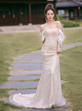 Classic Bridal Gown Mermaid Off The Shoulder Sequin White Wedding Dresses Minimalist Bridal Gowns HZ1214