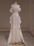 Classic Bridal Gown Mermaid Off The Shoulder Sequin White Wedding Dresses Minimalist Bridal Gowns HZ1214