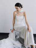 Romantic Bridal Gown Mermaid Strapless Tulle White Wedding Dresses Minimalist Bridal Gowns HZ1214