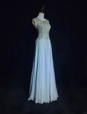 Vintage A Line Scoop Light Sky Blue Chiffon Long Prom Dress Party Dress Evening Dresses HZ1214