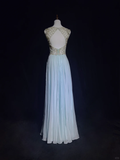 Vintage A Line Scoop Light Sky Blue Chiffon Long Prom Dress Party Dress Evening Dresses HZ1214