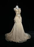 Vintage A Line Halter Chiffon Champagne Long Prom Dress Party Dress Evening Dresses HZ1214