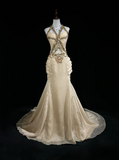Vintage A Line Halter Chiffon Champagne Long Prom Dress Party Dress Evening Dresses HZ1214