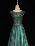 Vintage A Line Scoop Green Tulle Slit Long Prom Dress Party Dress Evening Dresses HZ1214