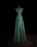 Vintage A Line Scoop Green Tulle Slit Long Prom Dress Party Dress Evening Dresses HZ1214