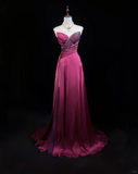 Vintage A Line Sweetheart Pink Slit Satin Long Prom Dress Party Dress Evening Dresses HZ1214