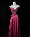 Vintage A Line Sweetheart Pink Slit Satin Long Prom Dress Party Dress Evening Dresses HZ1214