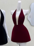 Cute A line Halter Burgundy Short Summer Birthday Dress Hoco Dress Birthday Outfit 23rd Birthday Mini Party Dresses HZ1214