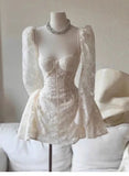 Cute A line Sweetheart Short Long Sleeves Lace White Summer Birthday Dress Hoco Dress Mini Birthday Outfit 23rd Birthday Party Dresses HZ1214